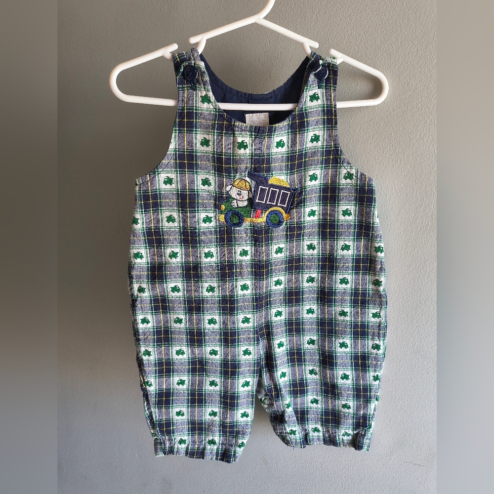Vintage Plaid Kids Overalls with Truck Design 3/6m